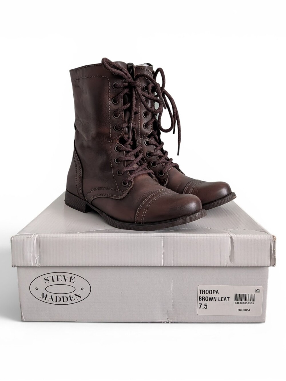 Steve Madden Troopa Brown Leather Lace-Up Combat Boots